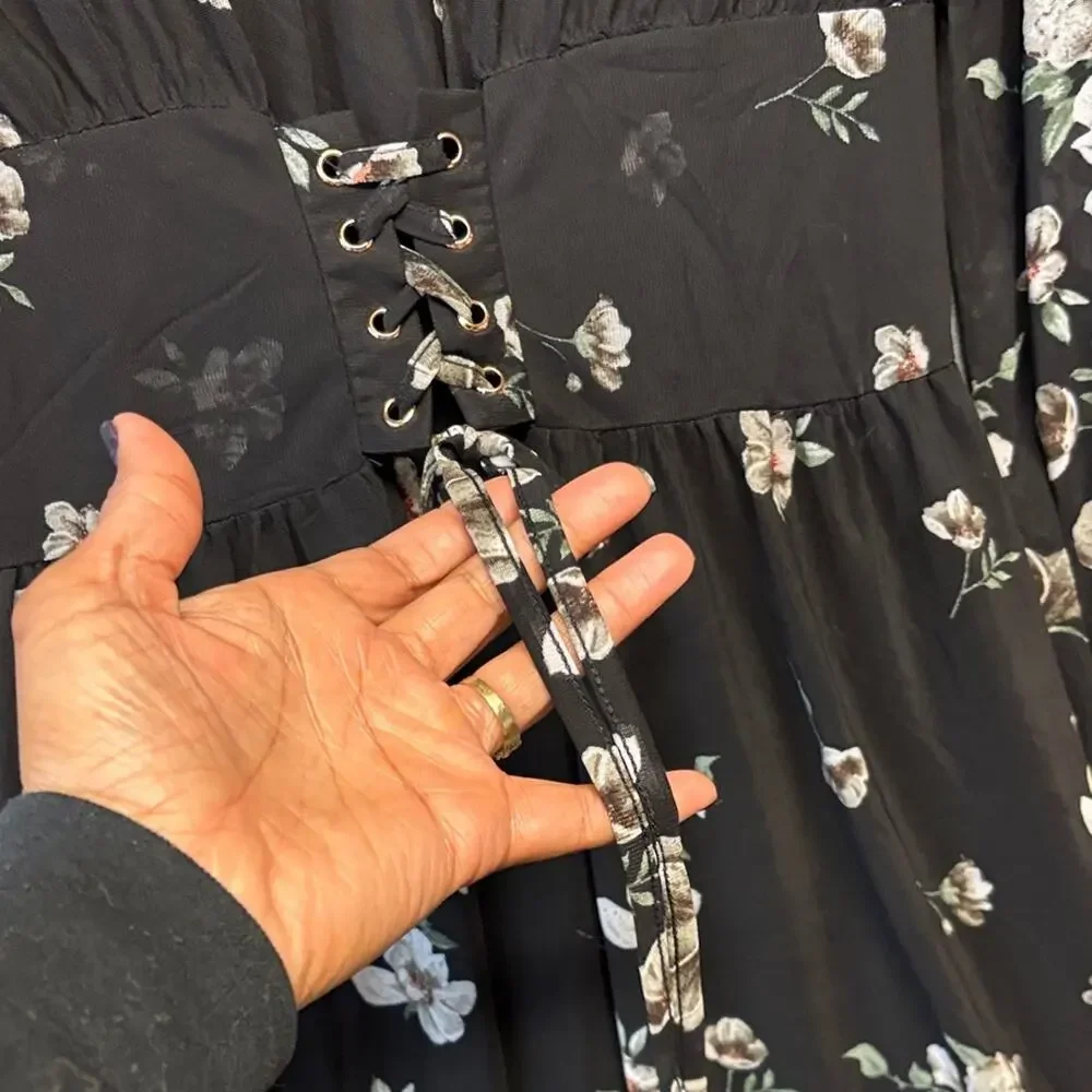 Ember Chic Floral Black Long Sleeve Dress Long Sleeve Sheer Gothy Witchy Midi